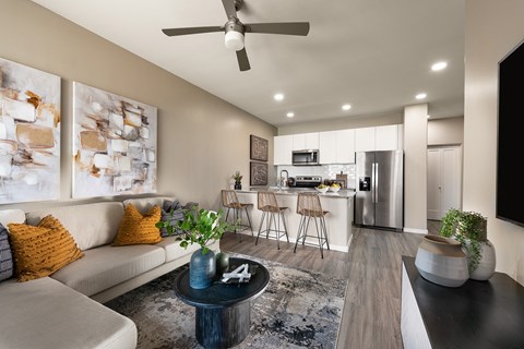 a living room with a couch and a kitchen in the background